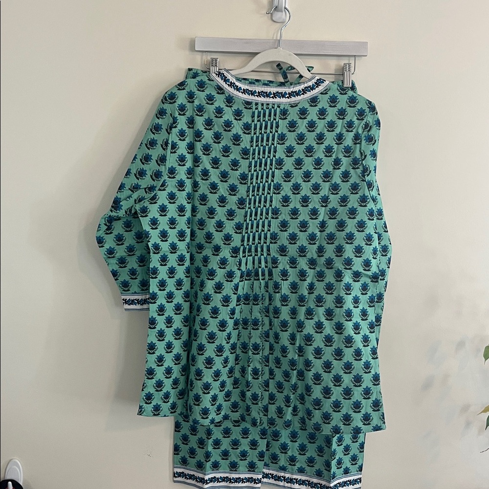Ella Simone Pajama Set Cotton Paisley Luxury Floral Green Blue Vacation Resort - Picture 5 of 7